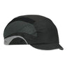 A black JSP HardCap Aerolite Baseball Bump Cap by PIP - Protective Industrial Products, featuring a protective liner and mesh detailing for ventilation, complete with a micro brim at the front.