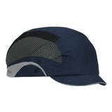 A stylish dark blue cycling cap with a short brim and a protective liner, much like the JSP HardCap Aerolite Baseball BumpCap by PIP - Protective Industrial Products. It features a mesh panel for ventilation and reflective detailing for enhanced visibility, seamlessly blending design aspects that prioritize comfort and safety for cyclists.