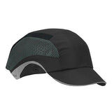 Introducing the JSP HardCap Aerolite Baseball Bump Cap Short Brim 282-AES150 from PIP - Protective Industrial Products. This black and dark green cap combines a stylish baseball design with practical features, including mesh side panels for enhanced ventilation. It offers an adjustable back for a customized fit and boasts a sleek, modern look ideal for outdoor activities.