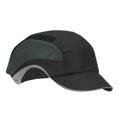 The JSP HardCap Aerolite Baseball Bump Cap Short Brim 282-AES150, from PIP - Protective Industrial Products, is a black and green running cap designed like a baseball bump cap. It features mesh ventilation panels for breathability, an adjustable back, and two small eyelets for enhanced airflow. Its sleek design seamlessly combines sportiness with functionality.