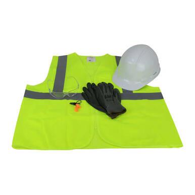 The PIP Go-To-Work Kit with Cap Style Hard Hat 289-GTW-HP241 by Protective Industrial Products showcases vital safety equipment for construction workers, including a bright yellow reflective vest, a white hard hat, black gloves, clear safety goggles, and orange earplugs with a black cord.