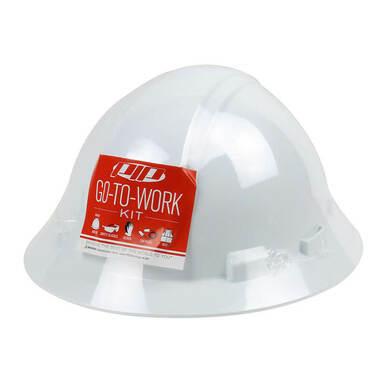 A full brim hard hat from the PIP Go-To-Work Kit, model 289-GTW-HP641, prominently features a red "GO-TO-WORK KIT" label and includes essential PPE items such as safety eyewear for comprehensive on-site protection.