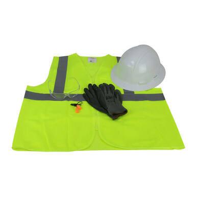 A comprehensive PIP Go-To-Work Kit with Full Brim Hard Hat (model 289-GTW-HP641) from Protective Industrial Products features a yellow reflective vest, white hard hat, black gloves, safety eyewear, and orange earplugs—all displayed on a pristine white background.