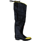 Introducing the PIP Boss Rubber Hip Boot Steel Toe 2HS6231 by Protective Industrial Products: a durable black wader boot featuring a striking yellow sole and top trim. Designed for optimal comfort, it includes an adjustable buckle closure near the top and a rugged tread ideal for fishing or wet environments.
