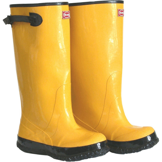 The PIP Boss Yellow Slush Boot 2KP4481 by Protective Industrial Products is a tall pair of yellow rubber knee boots with black trim and non-slip soles, designed for construction sites. They include adjustable black straps on the sides near the top and display a red and white logo on the front.