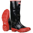 Black and red PIP Boss Rubber Over-the-Sock Knee Boots 2KP5221 feature a textured, non-slip sole. One boot stands upright while the other is slightly tilted, showcasing the sole pattern. The PIP - Protective Industrial Products logo is visible on the side near the top.