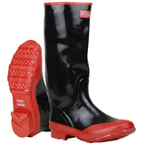 A pair of PIP Boss Rubber Over-the-Sock Knee Boots in black and red. The left boot is standing upright displaying the front, while the right boot is angled to show off its textured non-slip sole. The shiny boots feature "BOSS" on the label at the top.