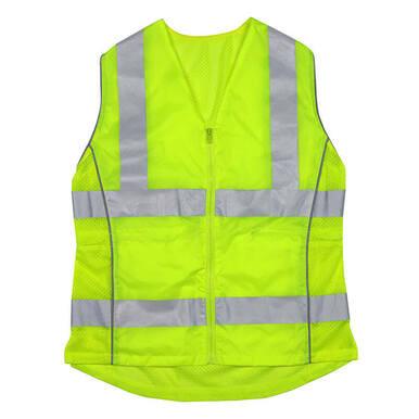 The PIP ANSI Type R Class 2 Woman's Contoured Vest 302-0312, by PIP - Protective Industrial Products, is a fluorescent yellow safety vest featuring silver reflective tape and a front zipper for a snug fit, enhancing visibility as hi-visibility apparel.