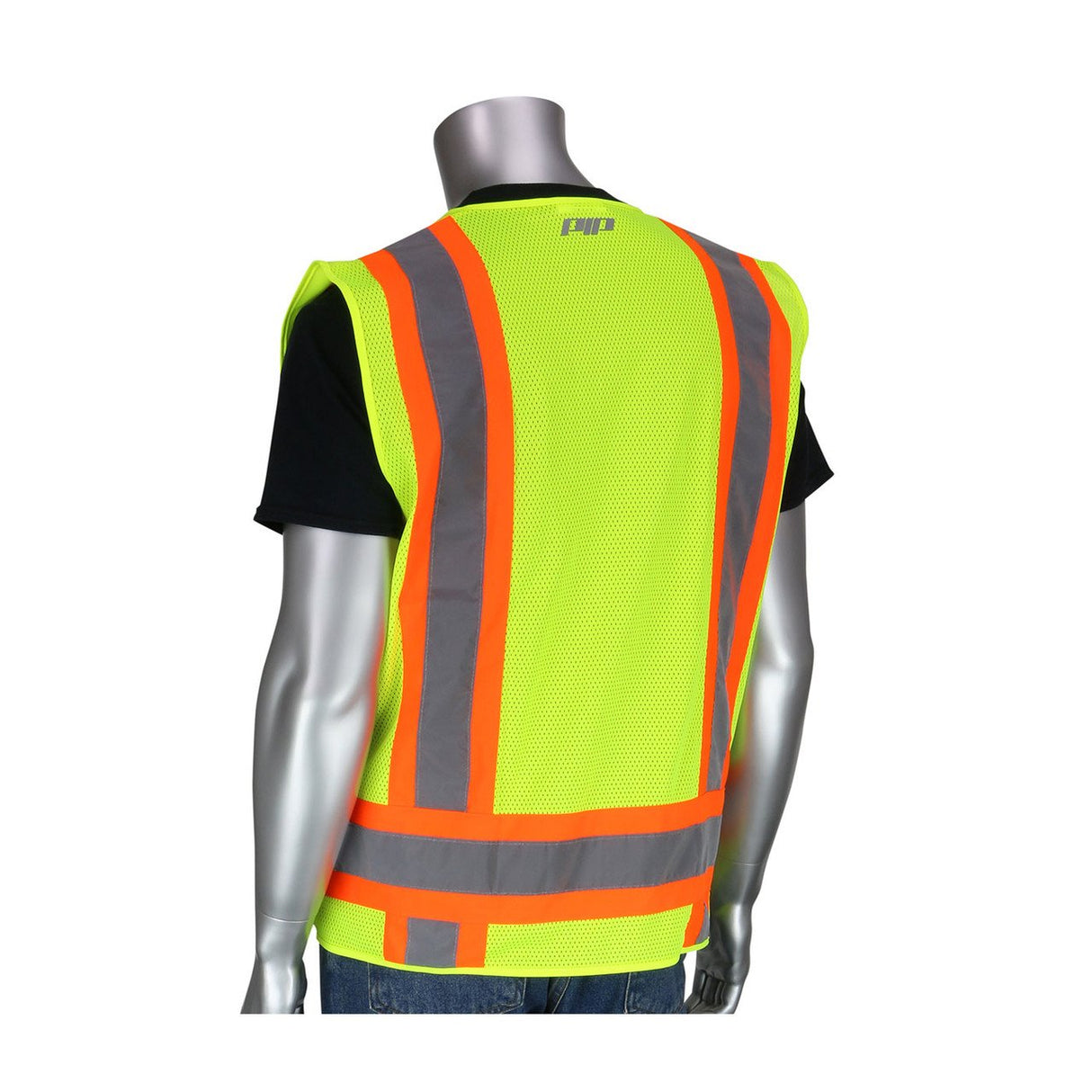 A mannequin displays the PIP ANSI Class 2 Two-Tone Six-Pocket Surveyor's Vest by PIP - Protective Industrial Products, featuring vibrant hi-visibility design with bright yellow fabric accented by fluorescent orange stripes and reflective gray strips. This sleeveless vest is worn over a black shirt and blue jeans, viewed from the back, resembling a surveyor's attire.