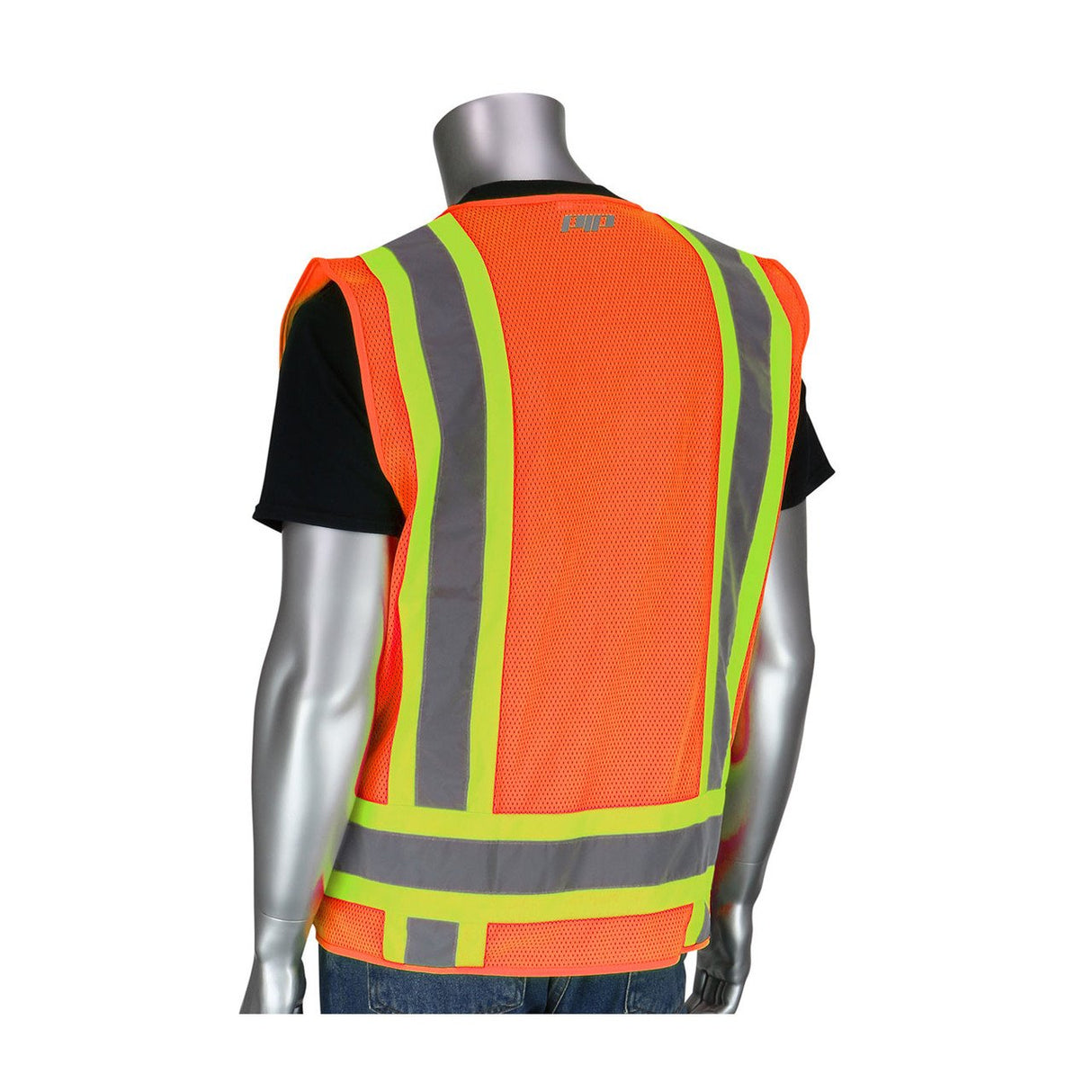 A mannequin showcases hi-visibility apparel, featuring the PIP ANSI Class 2 Two-Tone Six-Pocket Surveyor's Vest by Protective Industrial Products, which comes in a striking orange with yellow and gray reflective stripes. The vest is stylishly layered over a black shirt and blue jeans, set against a plain white background for that professional surveyor's look.