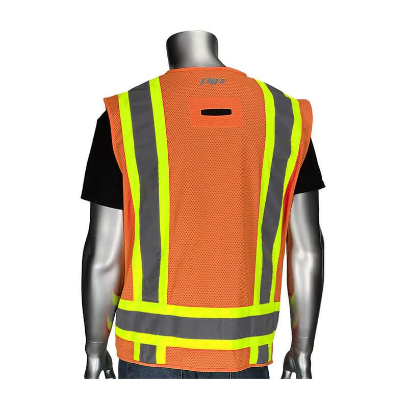 A silver mannequin showcases the PIP Two-Tone Surveyors Vest w/D-Ring, an ANSI Type R Class 2 hi-visibility apparel by Protective Industrial Products. This striking orange safety vest features reflective yellow and gray stripes, prominently standing out over a black shirt when viewed from behind.