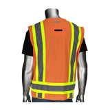 A silver mannequin showcases the PIP Two-Tone Surveyors Vest w/D-Ring, an ANSI Type R Class 2 hi-visibility apparel by Protective Industrial Products. This striking orange safety vest features reflective yellow and gray stripes, prominently standing out over a black shirt when viewed from behind.