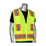 A mannequin showcases safety equipment that includes the PIP ANSI Type R Class 2 Two-Tone Mesh Surveyors Vest by PIP - Protective Industrial Products, featuring reflective orange and gray stripes over a black shirt. Perfect for construction workwear, the vest offers multiple pockets and a zipper front closure.