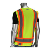 A mannequin displays the PIP Two-Tone Breakaway Surveyors Vest by Protective Industrial Products in neon yellow, featuring reflective orange and gray tape, draped over a black shirt and viewed from the back.