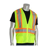 A mannequin models the PIP Yellow Mesh D-Ring Access Hi-Vis Vest 302-0600D-LY by Protective Industrial Products, featuring a vibrant yellow color with orange and reflective gray stripes over a black shirt. This vest includes a zippered front and offers safety harness access for enhanced protection on the job.