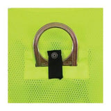 A close-up of a metal D-ring attached to the vibrant yellow-green mesh fabric with reflective tape, accompanied by a black strap and button, exemplifying the design of the PIP Yellow Mesh D-Ring Access Hi-Vis Vest 302-0600D-LY by Protective Industrial Products.