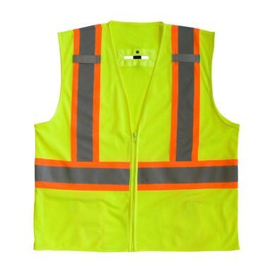 Introducing the PIP Yellow Mesh D-Ring Access Hi-Vis Vest 302-0600D-LY by Protective Industrial Products, featuring a vibrant yellow color with orange and gray reflective tape for improved visibility.