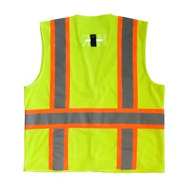 The PIP Yellow Mesh D-Ring Access Hi-Vis Vest 302-0600D-LY by Protective Industrial Products is showcased on a white background, featuring bright yellow material with orange and gray reflective tape stripes.