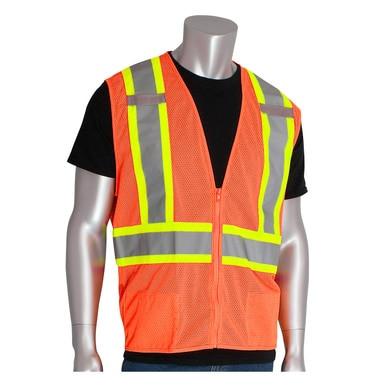 A mannequin showcases the PIP Orange Mesh D-Ring Access Hi-Vis Vest 302-0600D-OR from PIP - Protective Industrial Products, featuring vibrant orange fabric and yellow reflective stripes, layered over a black t-shirt. This vest is expertly designed for maximum visibility, ensuring safety at all times.