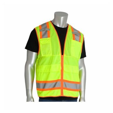 A mannequin displays a PIP Hi-Vis Yellow Pocket Surveyors Tech Vest 302-0700LY in fluorescent yellow, featuring orange and silver reflective tape that complies with ANSI/ISEA 107 Class 2 standards. The vest, equipped with multiple pockets, is draped over a black shirt and stylishly left unzipped.