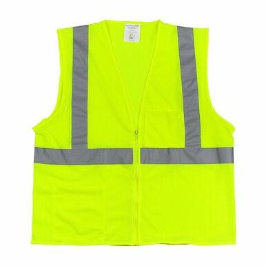 Introducing the PIP Type R Class 2 Two Pocket Zipper Mesh Vest in a vibrant yellow, complete with silver reflective stripes for enhanced visibility. This vest from Protective Industrial Products is crafted from breathable mesh and includes a convenient front zipper along with a small chest pocket.