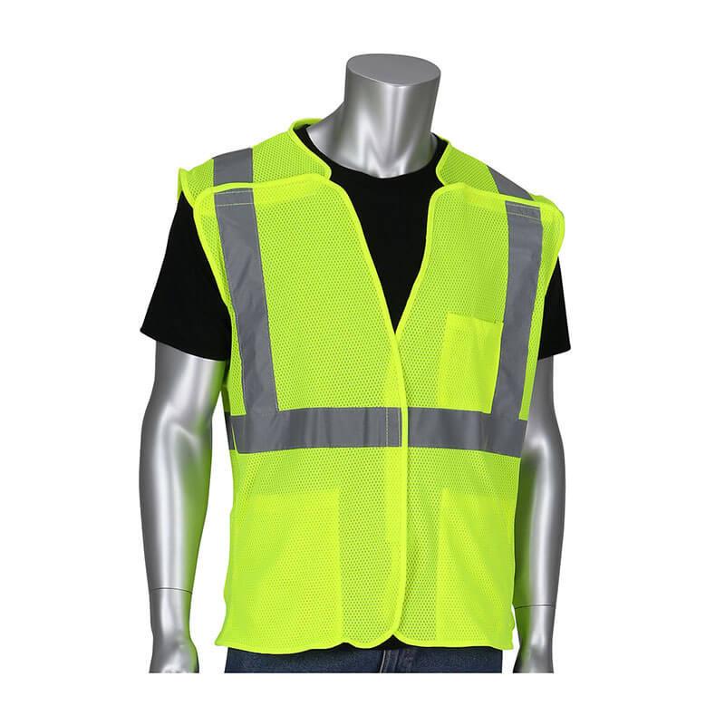 A silver mannequin models the PIP ANSI Type R Class 2 Mesh Breakaway Vest 302-5PMV from PIP - Protective Industrial Products, showcasing its neon yellow hue, reflective tape enhancements, and sleeveless design over a black shirt. This high-visibility vest includes a zipper front and a pocket on the left chest.