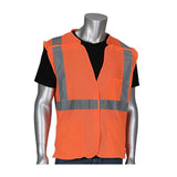 A mannequin displays a black shirt layered with the PIP ANSI Type R Class 2 Mesh Breakaway Vest 302-5PMV, crafted by PIP - Protective Industrial Products for optimal safety. This high-visibility garment includes gray reflective tape on both the front and back, guaranteeing maximum visibility in any environment.