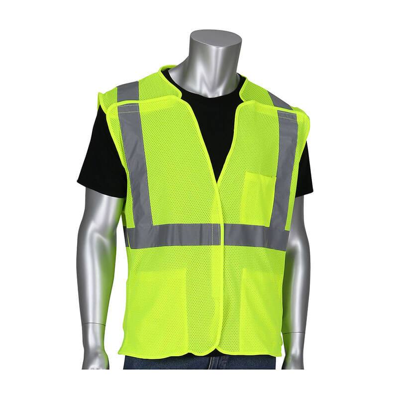 A PIP ANSI Type R Class 2 Mesh Breakaway Vest 302-5PMV from Protective Industrial Products adorns a silver mannequin, presenting a bright yellow safety vest with reflective gray tape over a black shirt. The breakaway vest offers an open front and visible pockets, ensuring both functionality and safety.