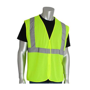 A mannequin displays a PIP - Protective Industrial Products ANSI Type R Class 2 Value Mesh Vest 302-MVGLY, a bright yellow safety vest designed for high visibility, over a black shirt, highlighting essential traffic safety equipment.