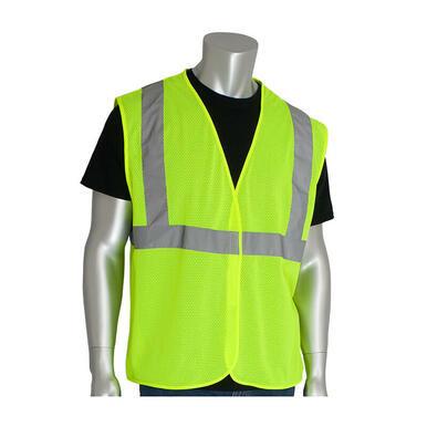 A mannequin wears the PIP ANSI Type R Class 2 Value Mesh Vest 302-MVGLY by Protective Industrial Products, displaying essential traffic safety equipment with reflective silver stripes over a black T-shirt. This sleeveless design enhances visibility and is perfect for workwear environments.