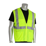 On display is the PIP ANSI Type R Class 2 Four Pocket Mesh Vest 302-MVGZ4P, a high-visibility bright yellow vest from PIP - Protective Industrial Products. It’s shown over a black shirt and features reflective silver tape, two front pockets, a front zipper closure, and breathable mesh for enhanced comfort.