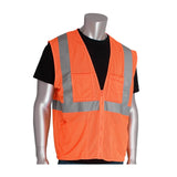 A mannequin displays the PIP ANSI Type R Class 2 Four Pocket Mesh Vest 302-MVGZ4P from Protective Industrial Products, featuring a vibrant orange color with reflective tape and silver stripes atop a black T-shirt. This vest includes a front zipper, pockets, and breathable mesh for enhanced comfort. The crisp white background highlights its standout design.