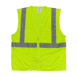 A PIP ANSI Type R Class 2 Four Pocket Mesh Vest 302-MVGZ4P, from Protective Industrial Products, is displayed flat against a white background. The vest is bright yellow with reflective gray vertical and horizontal stripes. It features a breathable mesh design, a front zipper closure, and two chest pockets.