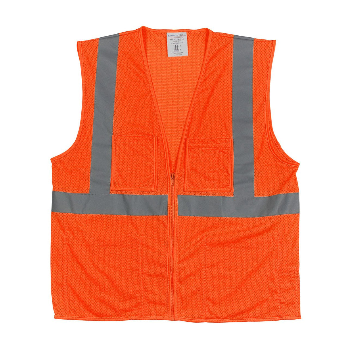 The PIP ANSI Type R Class 2 Four Pocket Mesh Vest 302-MVGZ4P, manufactured by Protective Industrial Products (PIP), is showcased against a white background. This orange vest includes gray reflective tape, a front zipper, and two convenient pockets. It is made from breathable mesh to ensure comfort.