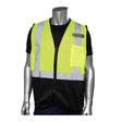 Against a plain white background, a mannequin showcases the PIP Type R Class 2 Three Pocket Mesh Vest with Black Bottom Front (302-V173B) by PIP - Protective Industrial Products. This construction safety vest, in neon yellow adorned with reflective gray stripes, is layered over a black shirt and features a small chest pocket. The vest is worn unzipped halfway, emphasizing essential workplace attire.