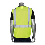 On display is a mannequin dressed in the PIP Type R Class 2 Three Pocket Mesh Vest with Black Bottom Front (302-V173B) by Protective Industrial Products. From behind, it sports a black shirt and blue pants, epitomizing construction safety standards with its vivid fluorescent yellow design and reflective silver stripes.