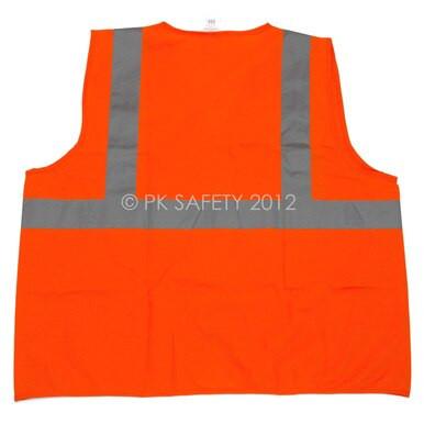 The PIP Class II Orange Reflective Traffic Vest 302-WCENGOR by Protective Industrial Products is designed with bright orange fabric and silver reflective stripes running both vertically and horizontally on the back, enhancing visibility and ensuring you are seen at all times.