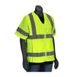 A black mannequin displays the PIP ANSI Type R Class 3 Women's Contoured Vest 303-0313, a bright green high visibility vest designed by PIP - Protective Industrial Products. It features reflective gray stripes, a zipper front, short sleeves, and includes a small pocket on the left chest, ideal for traffic safety equipment needs.