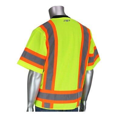 A mannequin displays the PIP ANSI Type R Class 3 Two-Tone Surveyor Vest 303-0500-LY from Protective Industrial Products, featuring a high-visibility yellow and orange design with reflective gray stripes. This vest, designed for enhanced visibility, has short sleeves and is set against a pristine white background.