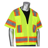 A mannequin showcases the PIP ANSI R3 Two-Tone Mesh Surveyor Vest 303-0500M-LY by Protective Industrial Products, featuring high-visibility reflective material with yellow, orange, and gray stripes over a black shirt. This vest includes short sleeves and multiple pockets for practicality while upholding safety standards.