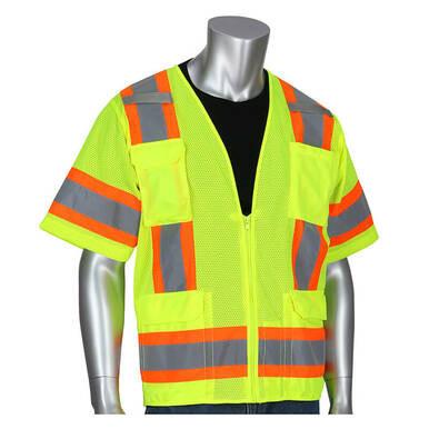 A mannequin showcases the PIP ANSI R3 Two-Tone Mesh Surveyor Vest 303-0500M-LY by Protective Industrial Products, featuring high-visibility reflective material with yellow, orange, and gray stripes over a black shirt. This vest includes short sleeves and multiple pockets for practicality while upholding safety standards.