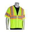 A mannequin showcases the PIP ANSI Type R Class 3 Value Two-Tone Mesh Vest 303-HSVP in bright yellow, featuring reflective gray and orange stripes over a black shirt. This vest from PIP - Protective Industrial Products meets Hi-Visibility Apparel standards with its zipper front and short sleeves, ensuring both style and safety.