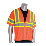 A mannequin displays the PIP ANSI Type R Class 3 Value Two-Tone Mesh Vest 303-HSVP in a vibrant orange color, featuring bright yellow reflective stripes over a black shirt. This zippered vest is part of the Hi-Visibility Apparel collection by PIP - Protective Industrial Products, designed to ensure maximum safety and visibility in compliance with ANSI Type R Class 3 standards.