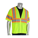 A mannequin models the vibrant PIP ANSI Type R Class 3 Value Two-Tone Mesh Vest 303-HSVP from PIP - Protective Industrial Products, featuring reflective gray and orange stripes for Hi-Visibility Apparel. The vest is unzipped to showcase a black shirt underneath, adhering to ANSI Type R Class 3 safety standards.