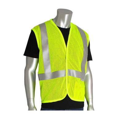 A mannequin showcases the PIP ANSI Type R Class 2 AR/FR Mesh Vest 305-2100 from Protective Industrial Products, a vibrant yellow safety vest made of flame-resistant material with reflective silver stripes, layered over a black shirt.