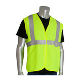 Displayed on a mannequin is the PIP ANSI Type R Class 2 AR/FR Solid Vest 305-2200 by Protective Industrial Products, featuring reflective silver stripes over a black shirt, paired with blue pants.