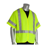 A mannequin showcases a PIP ANSI Type R Class 3 AR/FR Solid Vest 305-3200 in a bright yellow color with reflective gray stripes over a black shirt. This high-visibility clothing from Protective Industrial Products features short sleeves, ensuring that it is designed for maximum visibility and safety.