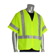 A gray mannequin is wearing a PIP ANSI Type R Class 3 AR/FR Solid Vest 305-3200 in bright yellow with reflective silver stripes over a black shirt. The short-sleeved, high-visibility vest from PIP - Protective Industrial Products is open at the front, revealing part of the shirt beneath against a plain white background.