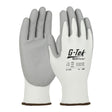 Two PIP G-Tek ECO Yarn/Spandex PU Grip Gloves from Protective Industrial Products, in white and gray, crafted from recycled yarn, are shown upright. These seamless knit gloves feature textured palms for enhanced grip and have a polyurethane coating. Safety certification symbols and size details are displayed on the back.