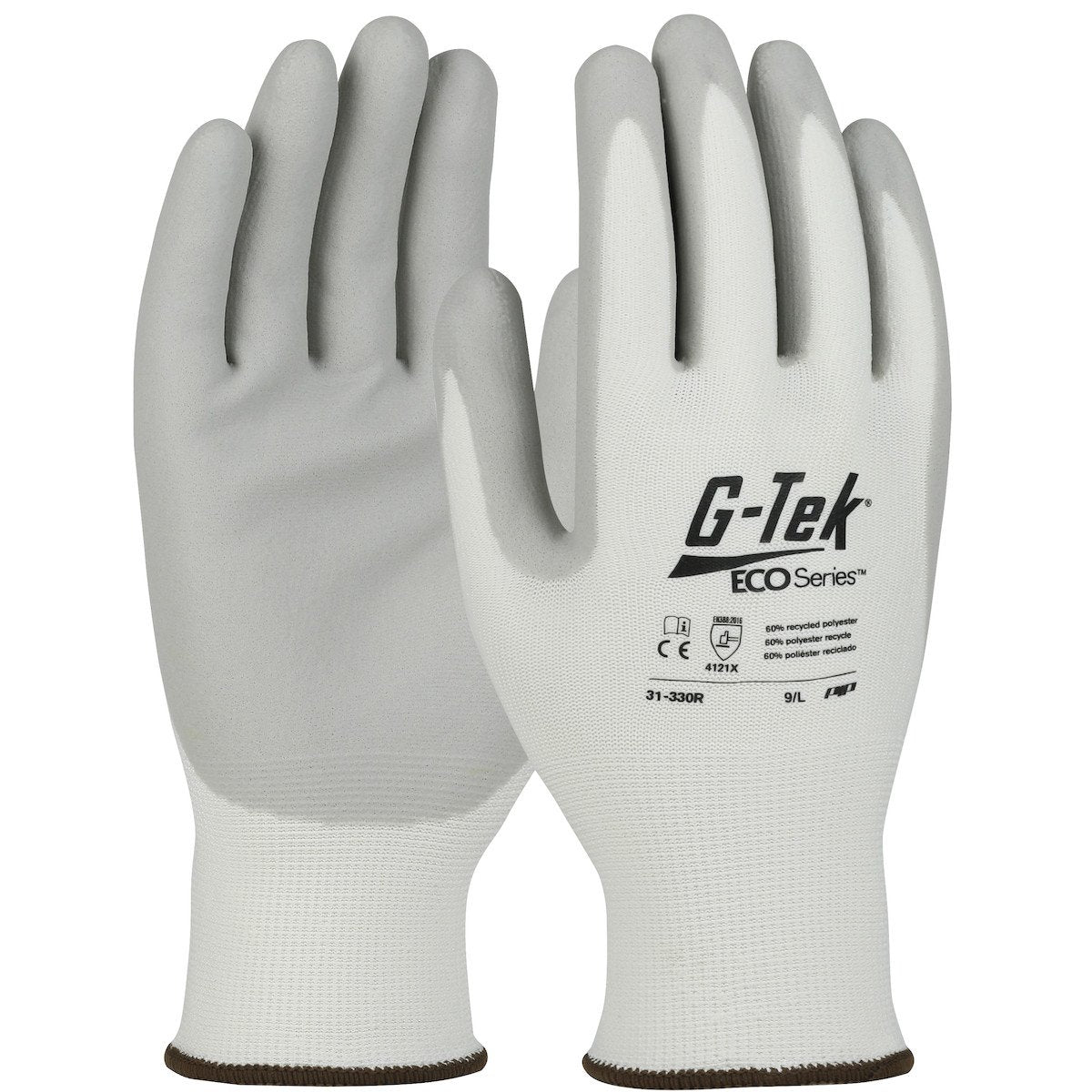 Two pairs of PIP G-Tek ECO Yarn/Spandex Foam Grip Gloves feature a grippy, nitrile-coated palm and are made with recycled yarn for an eco-friendly choice. These seamless, grey and white gloves come in size 9/L and include the necessary certifications, ensuring both comfort and durability.